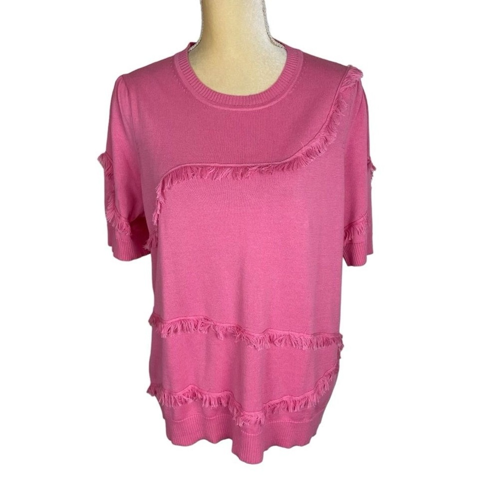 EK EDINBURGH KNITWEAR Pink Short Sleeve Fringe Sweater‎ Pima Cotton Size Large